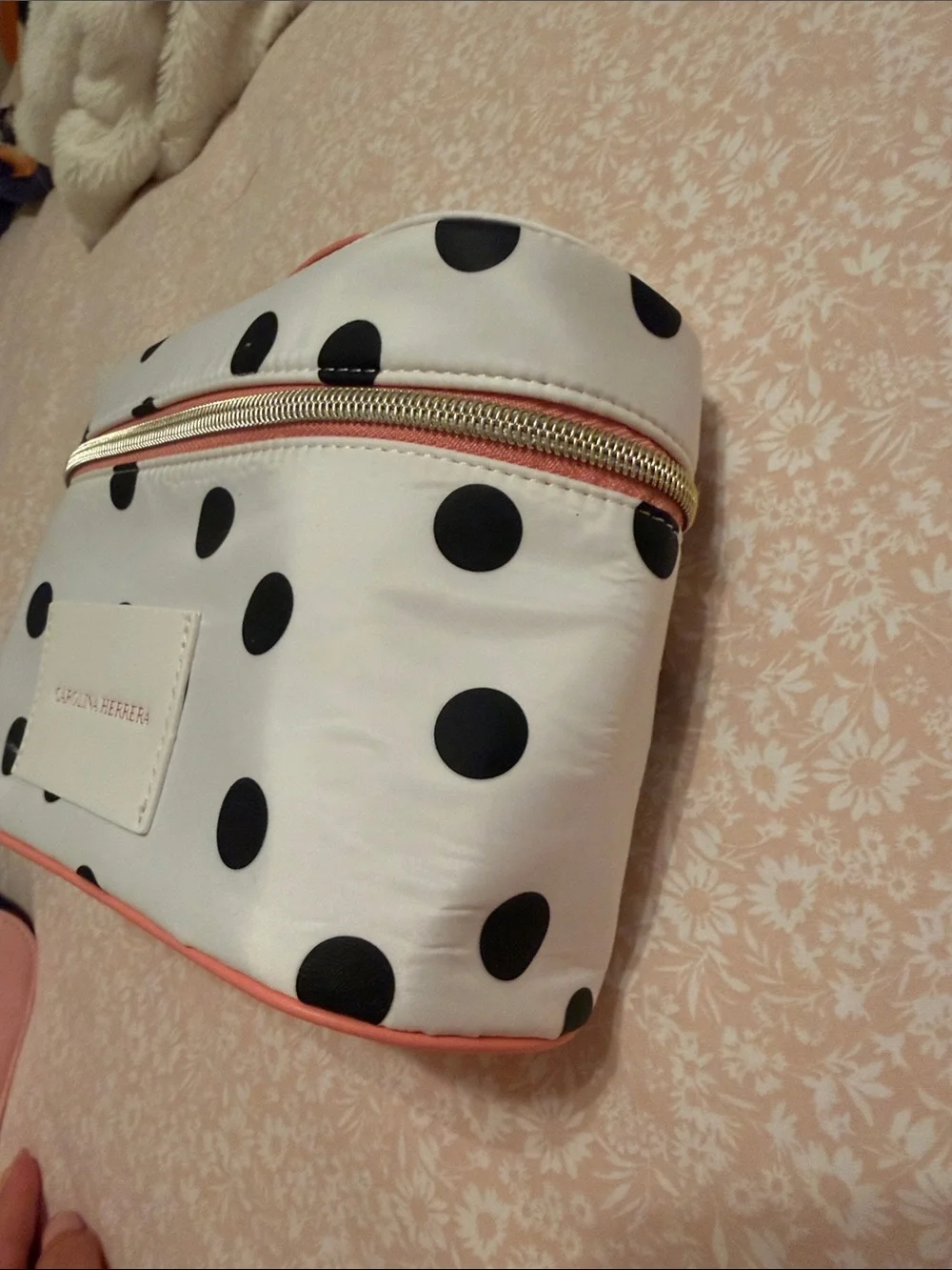 Carolina Herrera White Polka Dot Cosmetic Bag with Coral Trim